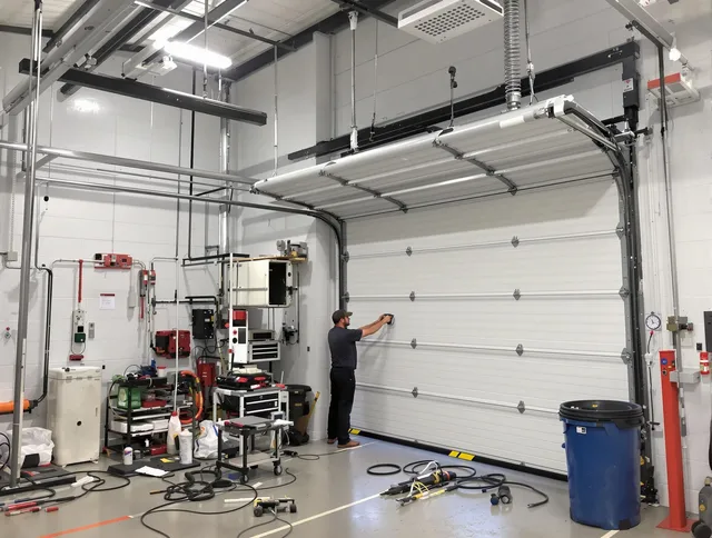 North Smithfield Garage Door Repair certified technician performing commercial door repair at a North Smithfield business facility