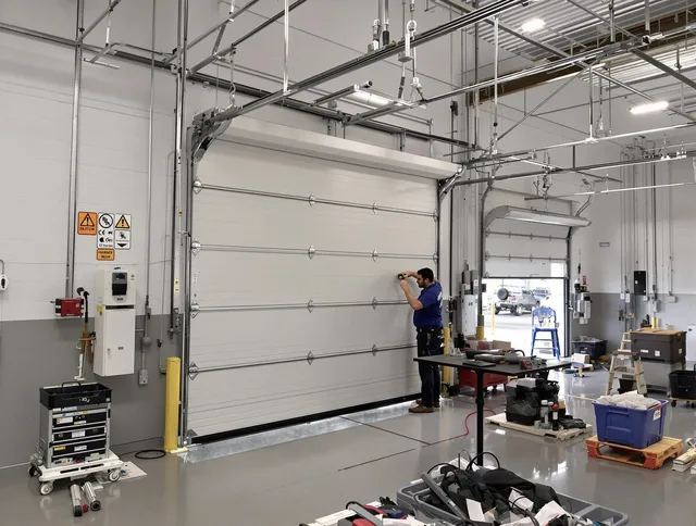 Commercial garage door repair being performed by North Smithfield Garage Door Repair expert in North Smithfield