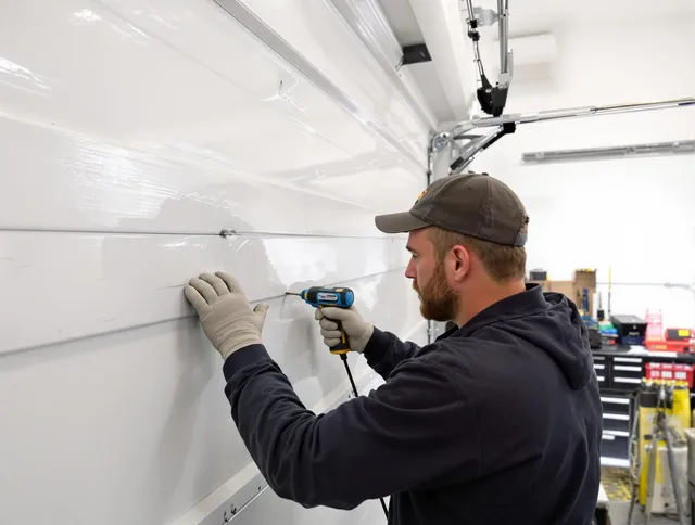 North Smithfield Garage Door Repair technician demonstrating precision dent removal techniques on a North Smithfield garage door
