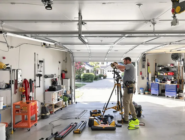 North Smithfield Garage Door Repair specialist performing laser-guided track alignment in North Smithfield